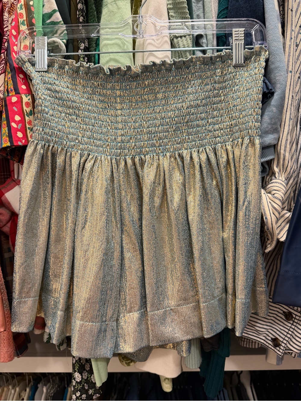 QUEEN OF SPARKLES Metallic Blue-Green Smocked Mini Swing Skort NWOT
